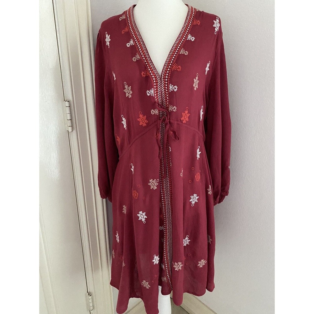 Free People Red Embroidered Boho Long Sleeve V-Neck Flowy Mini Dress Draw String